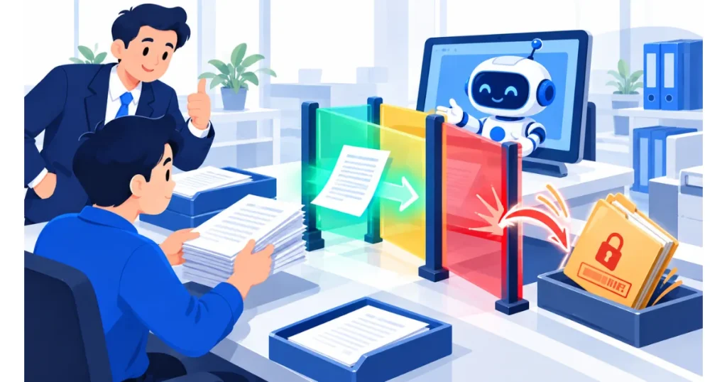 生成式 AI 使用規則示意圖,依資料機密等級判斷能否輸入 AI