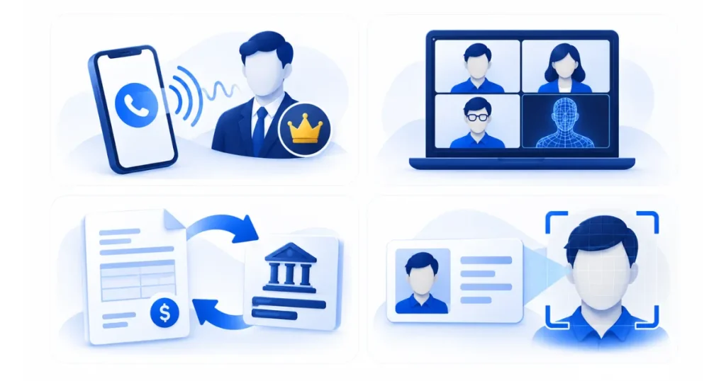 Deepfake 詐騙四種常見手法示意圖,語音假冒、視訊換臉、假冒供應商與偽造身分驗證