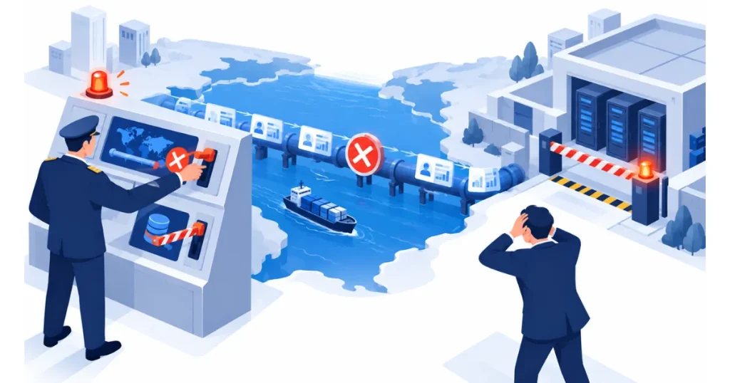GDPR 第 58 條糾正權力示意圖，警告、限期改正、禁止處理與暫停跨境傳輸