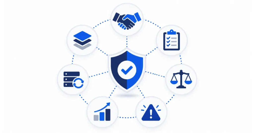 導入 ISO 27001 的七項效益示意圖，涵蓋客戶信任、法規對應與營運管理