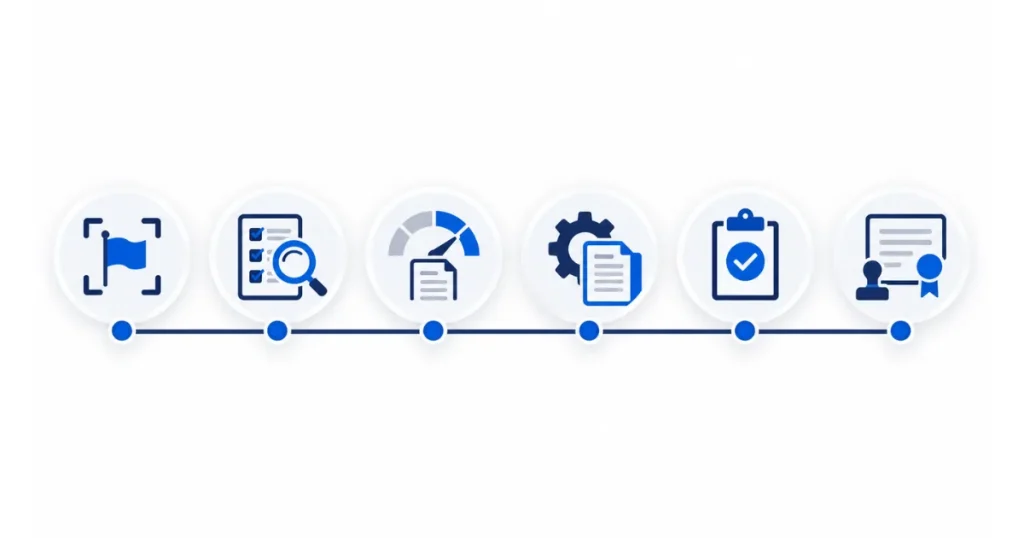 ISO 27001 導入流程六階段時間軸,範圍界定、差距分析、風險評鑑、建置 ISMS、內部稽核與驗證稽核