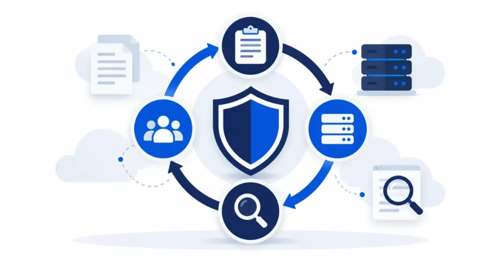 ISO 27001 資訊安全管理系統架構示意圖，涵蓋風險評鑑、控制措施與持續改善